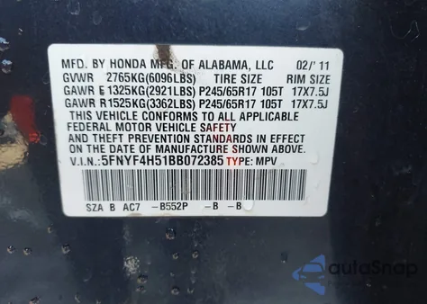 2011 Honda Pilot Ex-L from USA, damaged, VIN 5FNYF4H51BB072385